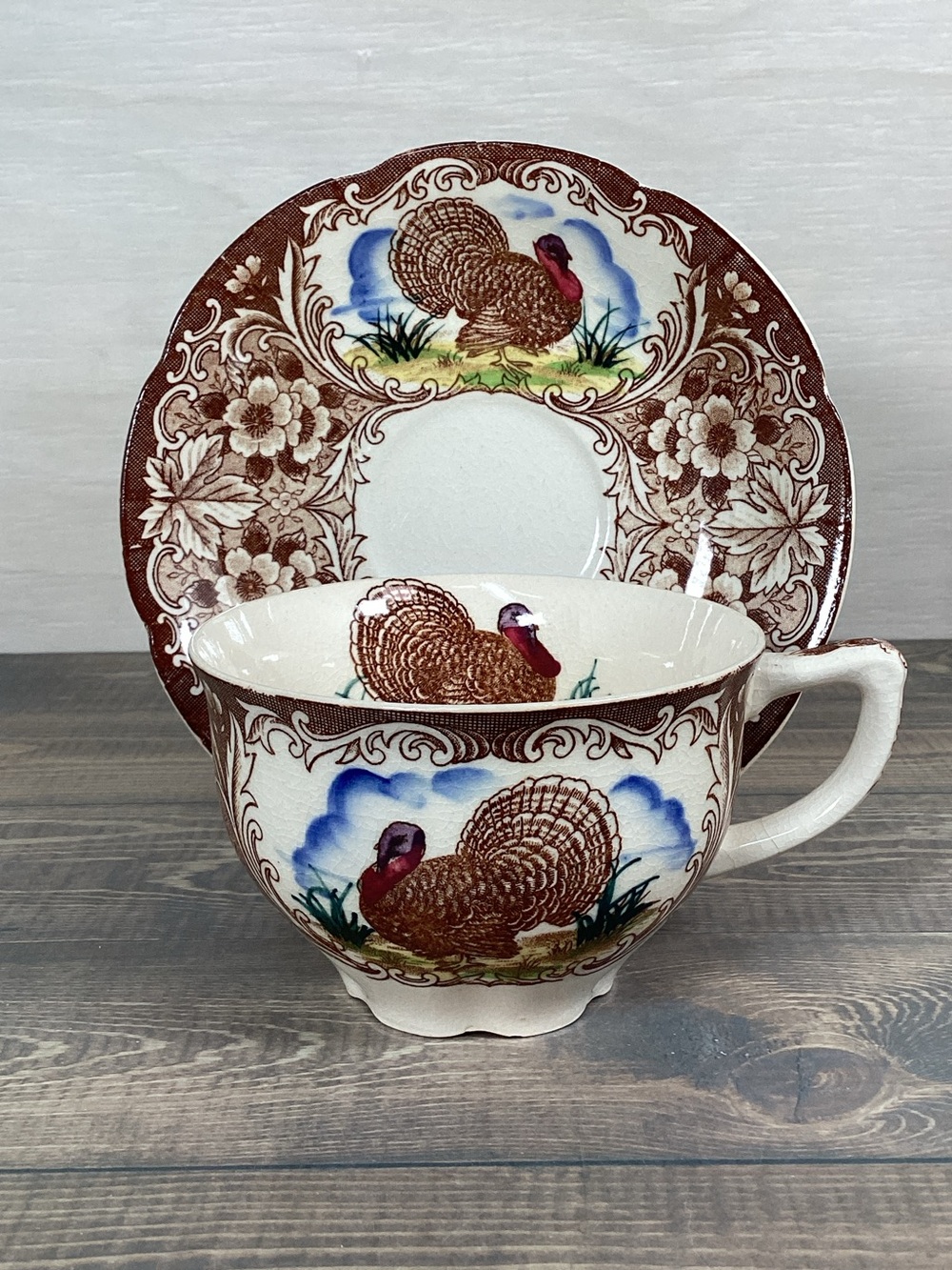 Vintage Maruta Ware Turkey Cup And Saucer Brown Classic Thanksgiving
